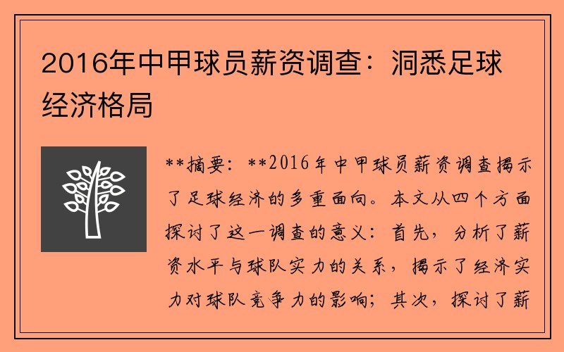 2016年中甲球员薪资调查：洞悉足球经济格局
