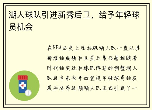 湖人球队引进新秀后卫，给予年轻球员机会